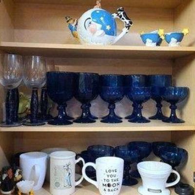 Hey Diddle Diddle Teapot And Cobalt Blue Glassware