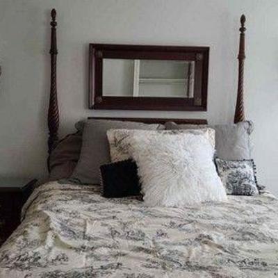 Wooden Bed, Mattresses, 2 Mirrors, Side Table & Sconces