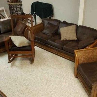 Wood And Leather Living Room Set
