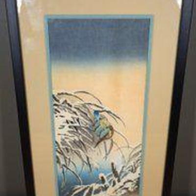 Narazai Eisho Signed Woodblock Print Kingfisher in Snow Framed