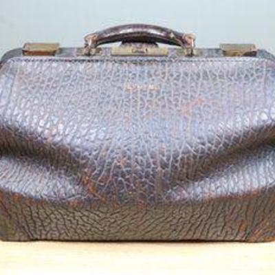 Antique 19th Century Leather Doctors Medical Bag L.H.S With Stethoscope And Glass Bottles