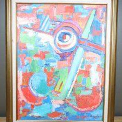 Framed 1996 Colorful Abstract Painting Signed B. Asher