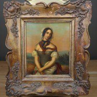 Continental School 19th Century Oil on Tin Young Woman Portrait Painting Wooden Frame
