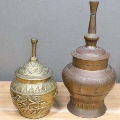 Pair Of Antique Brass Jars With Lids