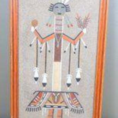 Framed 1973 Navajo Yei Be Chai Sand Painting Signed By James Voe