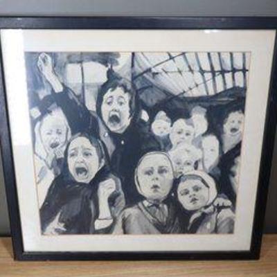 Black & White Watercolor Over Charcoal of Children Framed Unsigned