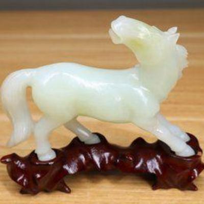 Chinese Carved Jade Horse Figurine with Custome Wood Stand