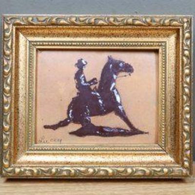 Mid 19th Century Framed Man On Horse Tole Painting Signed
