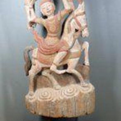 Southeast Asian Wood Carved Man Riding On Horse Holding Man