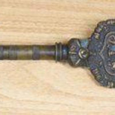 Antique Ornate 19th Century Solid Brass Key With Portugal Crest Of Coimbra City Gate
