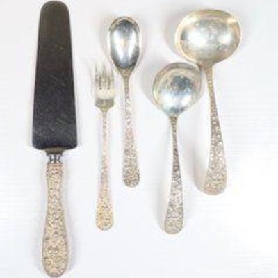 Stieff Sterling Silver Serving Pieces Cake Knife, Fork and Spoons