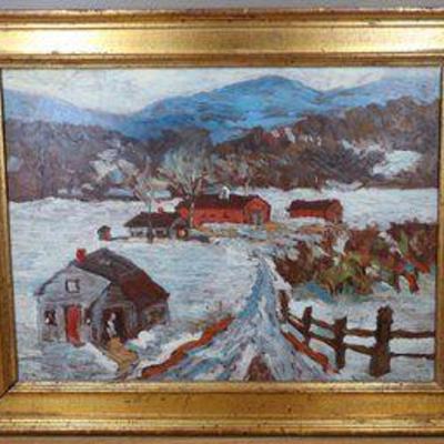 George Lee Oil on Masonite Reno Nevada Farmhouse, Countryside Winter Scene Painting Framed