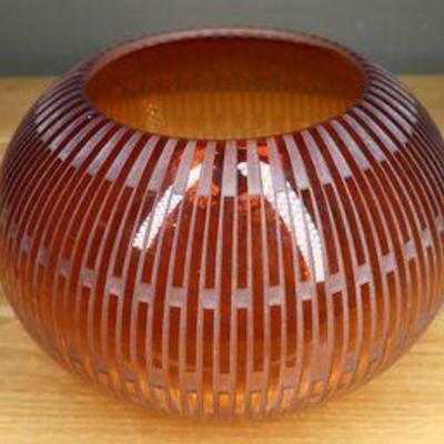 K. William LeQuier Art Glass Bowl Baske Weave Pattern Ochre