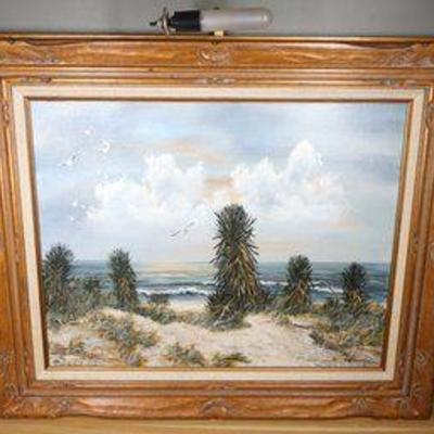 Reba Inverso Signed Oil Painting Beach Scene In Lamp Frame