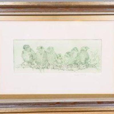 Original Woodcut Print 20th Century Woodblock Print Of Birds On A Branch By Arnold Abowitz
