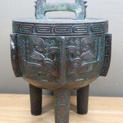 Vintage MCM James Mont Mayan Aztec Asian Verdigris Ice Bucket Barware Tri Stand