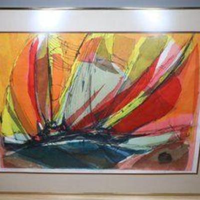 MCM signed Watercolor Painting Windjammer 76/78 Abstract - Framed