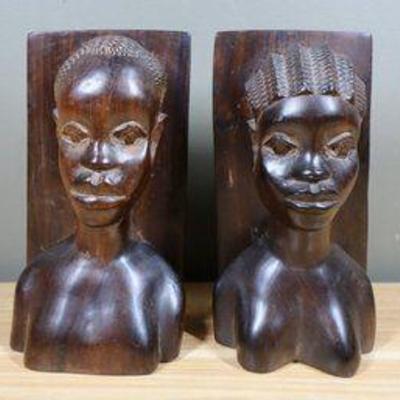 Pair Of Carved Wooden African Ethnic Bust Bookends