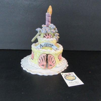Vintage 2002 Blue Sky Clayworks Heather Goldminc August Birthday Cake Tea Light Holder - 8¼" Tall