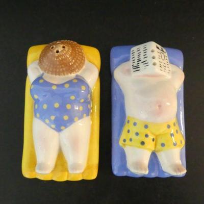 Vintage Clay Art Sunbathing Couple Salt & Pepper Shakers