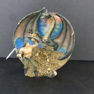Vintage 3D Dragon & Warrior Cave Battle 8½" Bowl Desktop Sculpture