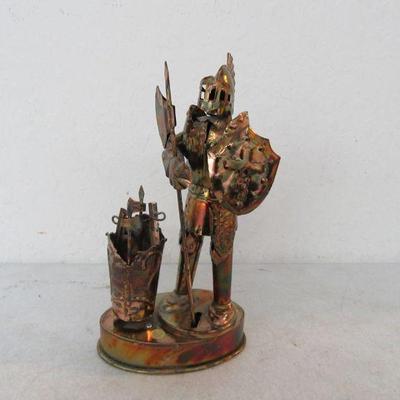 Vintage Sankyo Copper Sculpture Medieval Armored Knight Music Box - 9¾" Tall - Plays "Camelot"