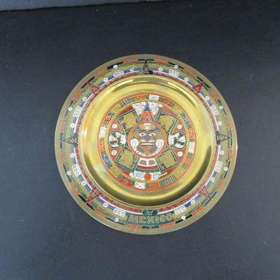 Vintage Mexico Souvenir Cloisonné on Brass Aztec Calendar Plate