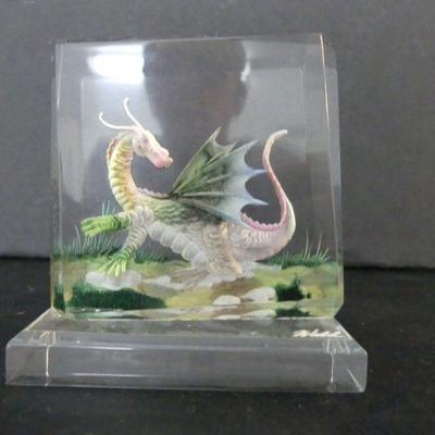 Vintage Signed (Wald) Colorful Reverse Carved Lucite Dragon Paperweight