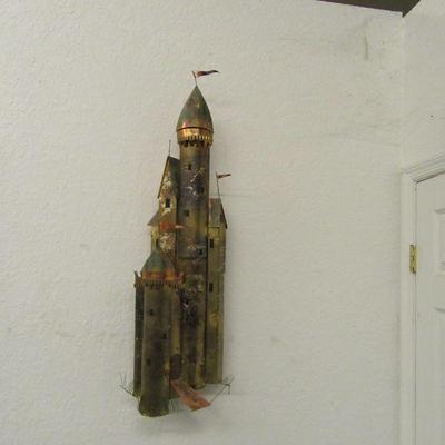 Signed Vintage MCM Brutalist Castle Brass Wall Sculpture by Curtis Jere - 42" Tall