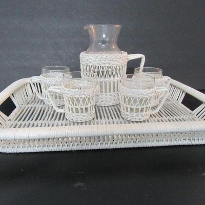 Vintage White Wicker Beverage Set - Pitcher, 4 Cups & Tray