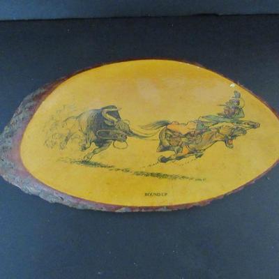 Vintage 1970s Six Flags Over Mid-America Souvenir "Round-Up" Wood Slice Painting - 12½" x 6½"