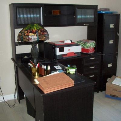 Corner Desk with Hutch top ; Tiffany Style "Dragonfly" Lamp ; 2 - Dark Gray 2 drawer file cabinets.
