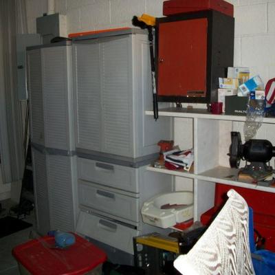 2 - Plastic Storage Cabinets ; White Wood Cube Shelf ; More garage items