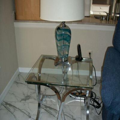 1 of 2 Pair of Luxa Furniture Chrome and Glass End Tables ; 1of 2 Uttermost Furnishings "Andreas" one light Table Lamp(s).
