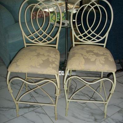 Pair of Cream colored Metal upholstered seat Bar Stools - Do Not Swivel.