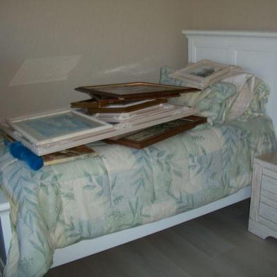 White Wood TWIN Bed ; Artwork.