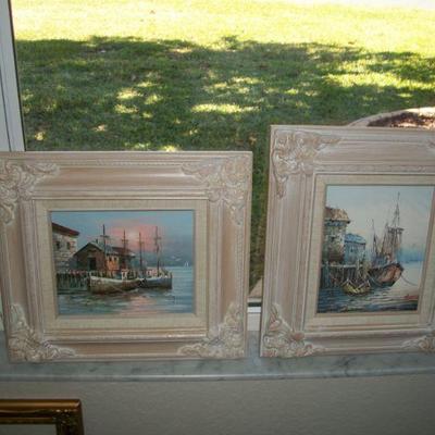 2 - Artwork - Paintings= Painting #1: Boats at the Wharf ; Painting #2: Tall ship & Dinghy at pier.