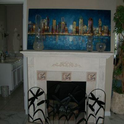 Handmade Fireplace - lights up but does not provide heat. ; New York City Skyline Painting.