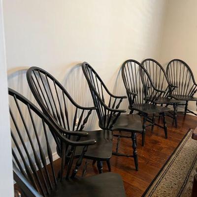 Set Of Six Matching Dark Stained, Slightly Distressed Dining Chairs