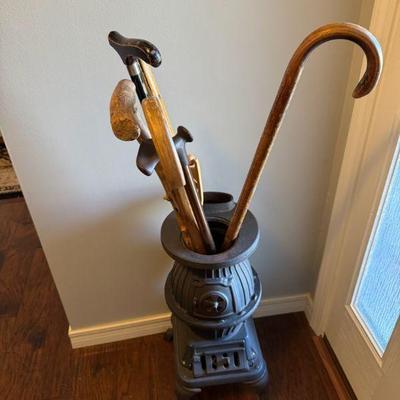Metal Cane Holder / Cane Pot- woodburning stove shape