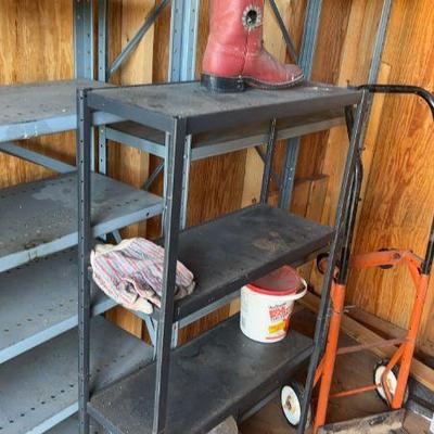 Furniture, Dolly, Three Metal Storage Shelves, Birdfeeder, Birdseed