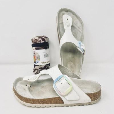  Ladies Pair of White Birkenstock Sandals (9) with Mini Maxi Shopper Bag