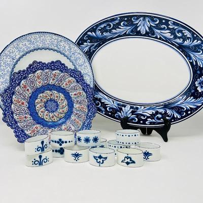 Elegant Blue and White Ceramic Dinnerware Set - Including Plates and Napkin Rings
