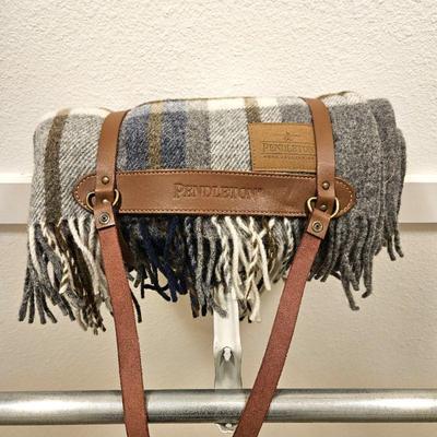  Pendleton Wool Throw Blanket in Plaid Pattern with Leather Harness