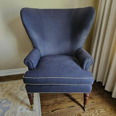 Pearson Collection by Hickory Chair Co. Navy Blue Lounger Wing Chair with Beige Leather pipe Trim