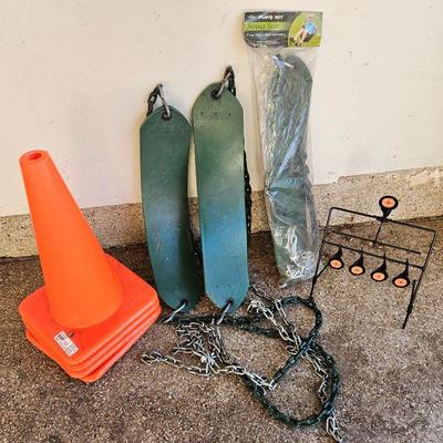 Set of Four 18" Safety Cones, Three Tree Swings, and a BB Gun Target 