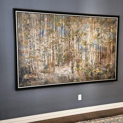  Very Large Oil on Canvas Wall Art Piece - Abstract Forest in Warm Colors - Black Frame 7ft Wide x 55"H