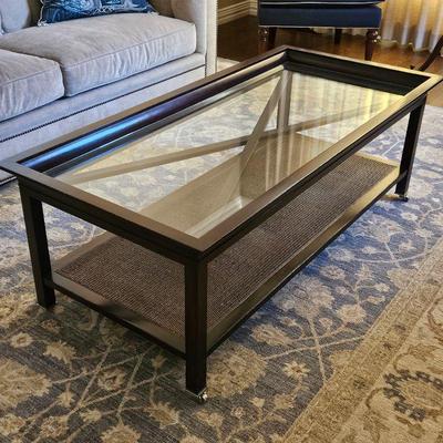  Mahogany Coffee Table with Sunken Glass Top and Lower Rattan Shelf