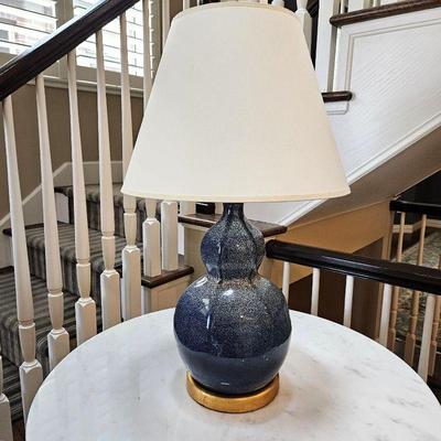 Blue Ceramic Table Lamp by Designer Bunny Williams - Dark Blue with White Paint Splatter & Gold Base