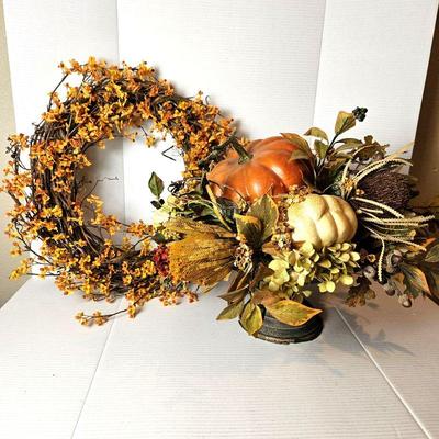 Fall Decor Lot! Large Autumn Floral Arrangement in Pedestal Bowl Plus Fall Leaves Wreath